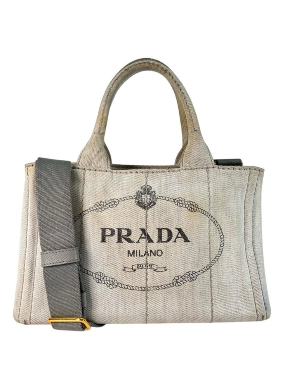Prada Canapa Denim White Tote Bag Gold